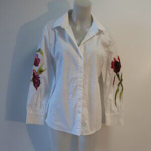 NWT Womens Tina Demel White Hand Painted Ravel Button Down Blouse M